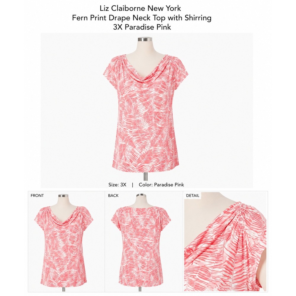 Liz Claiborne New York Fern Print Drape‎ Neck Top Paradise Pink 3X Plus Size